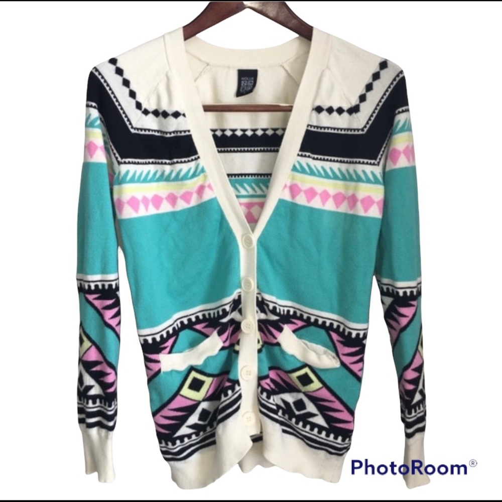 Nollie Geometric Aztec Print Teal Cardigan Juniors Size Small